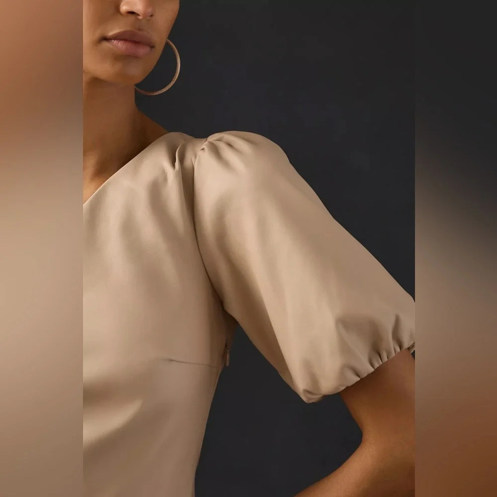 By Anthropologie Faux Leather One-Shoulder Asymmetrical Midi Dress - Picture 2 of 7